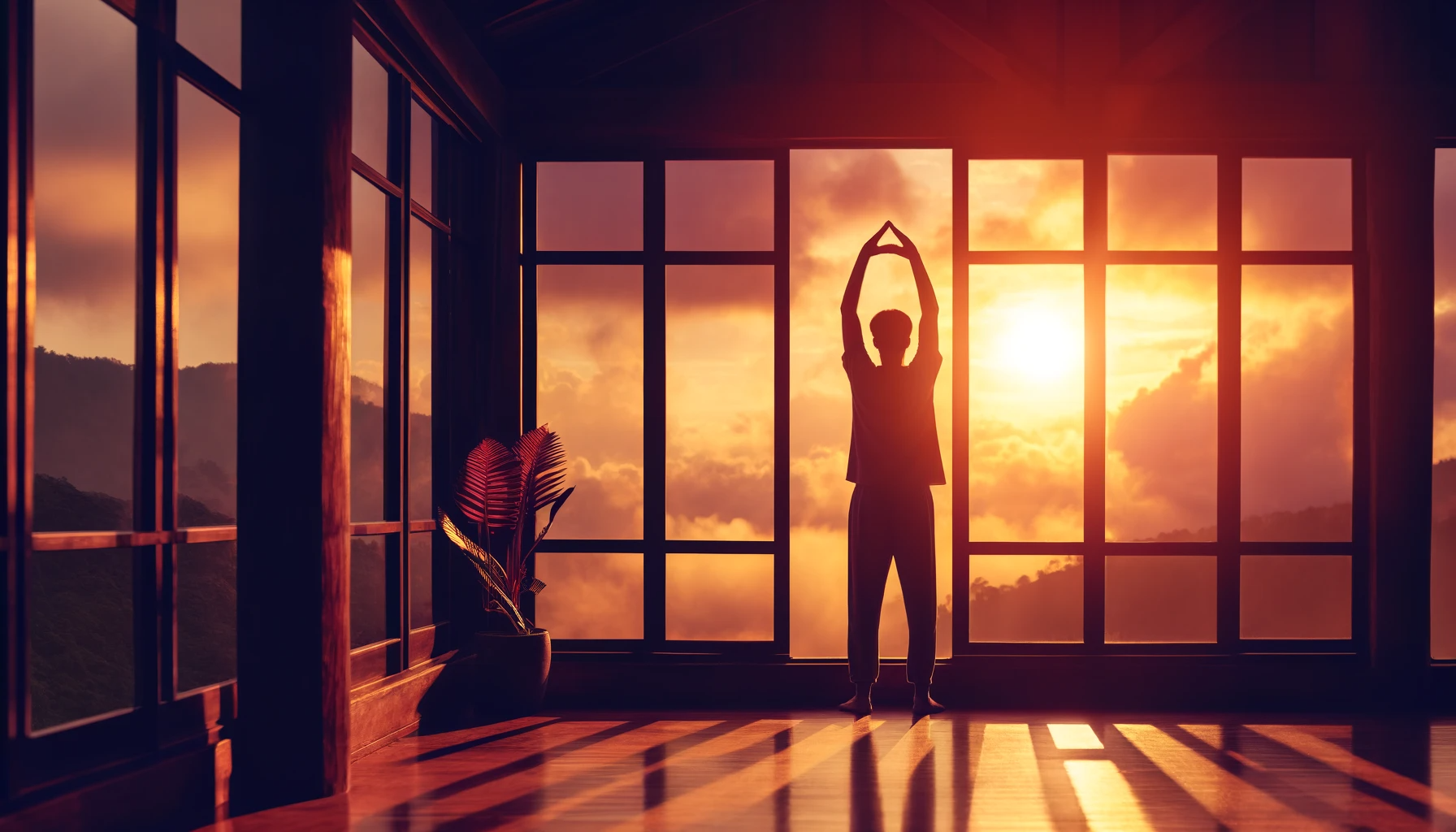 An image of a person stretching in front of their window during a sunset