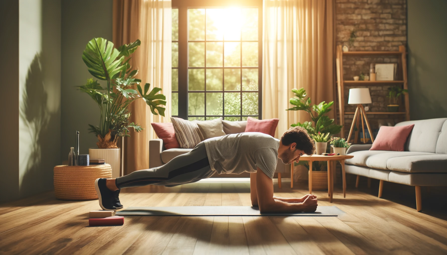 A person doing planks in their living room