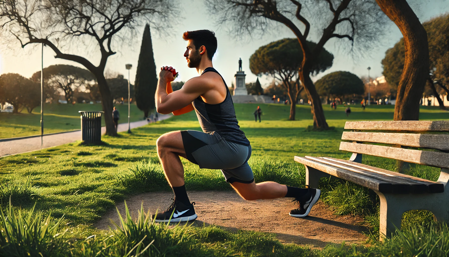 A man doing bulgarian split squats in a park