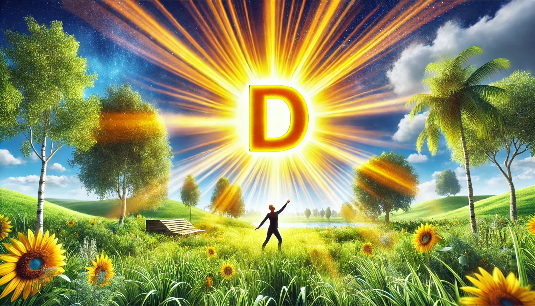 a person under a giant D in the sky shining like the sun