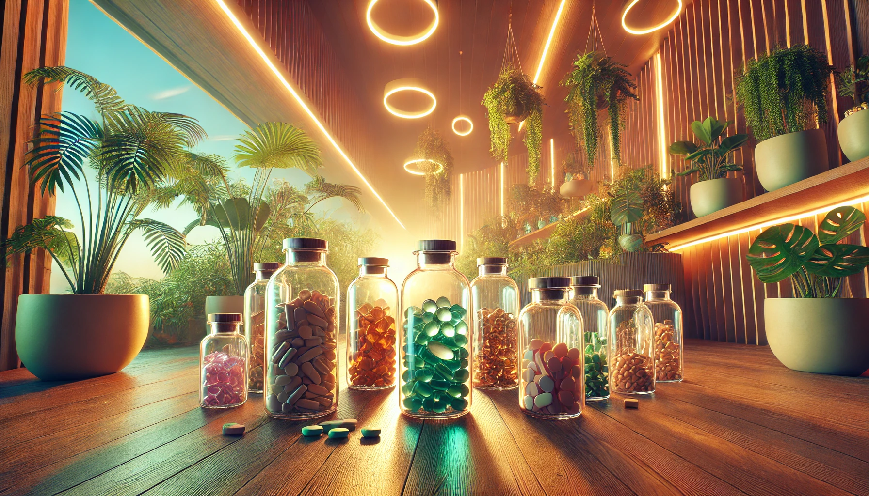 bottles of vitamins in a futuristic room with lots of greenery