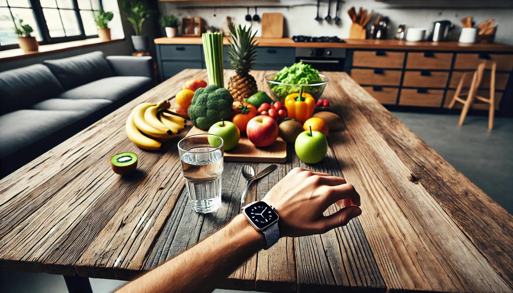 someone checking their watch in front of food on a table