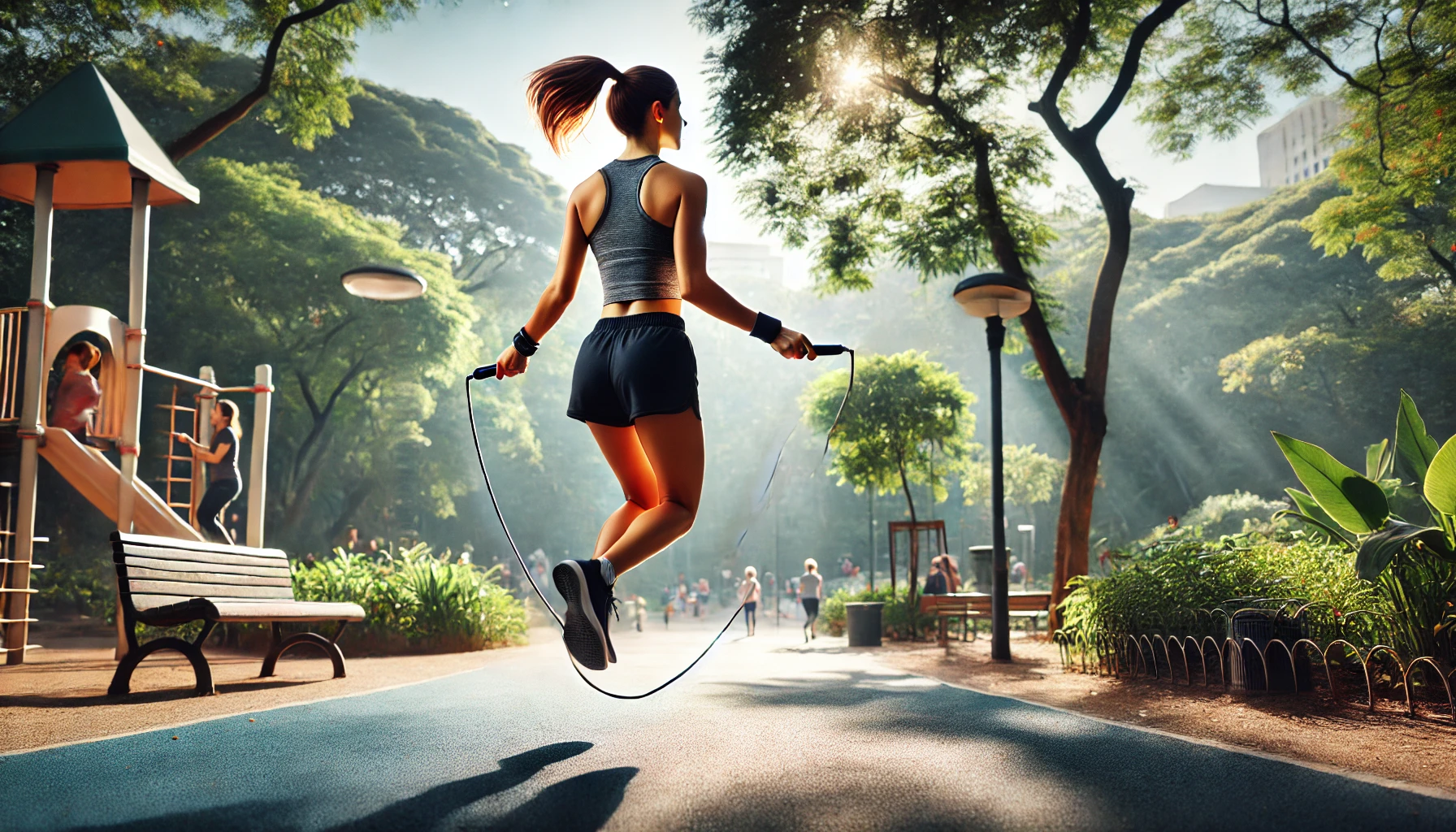 a woman jump roping in a park