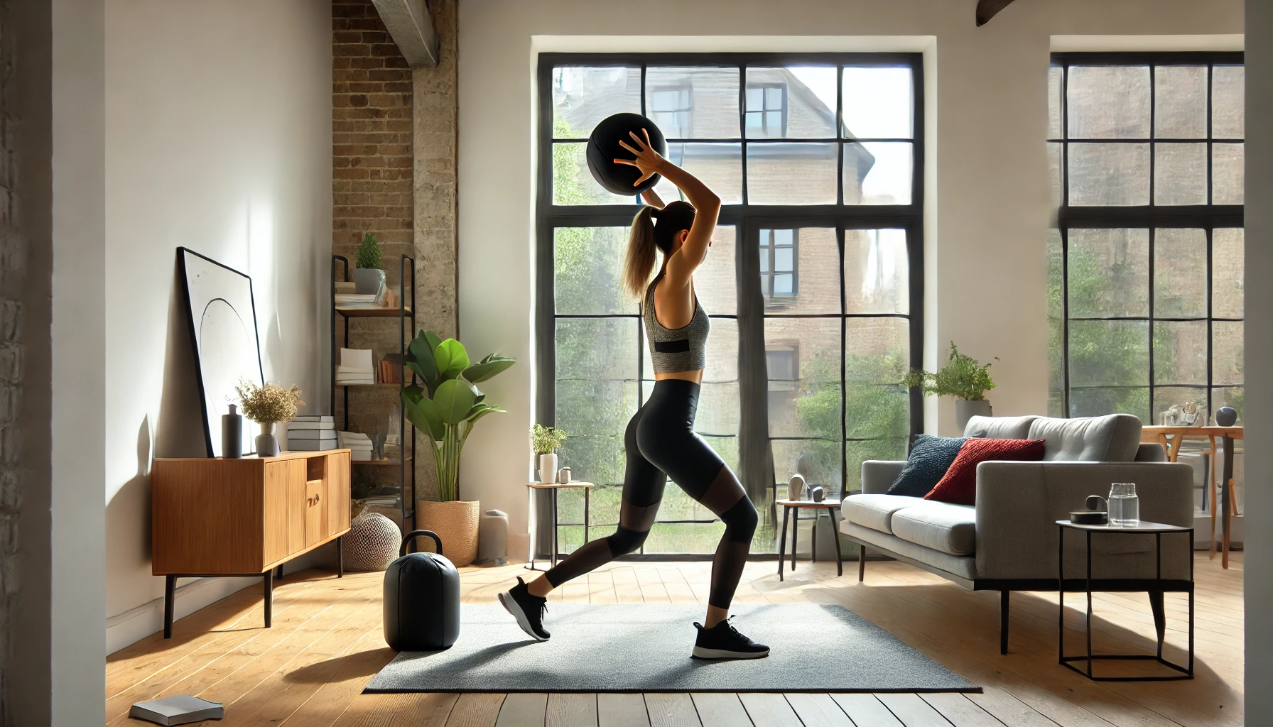 a woman doing medicine ball slams in her living room